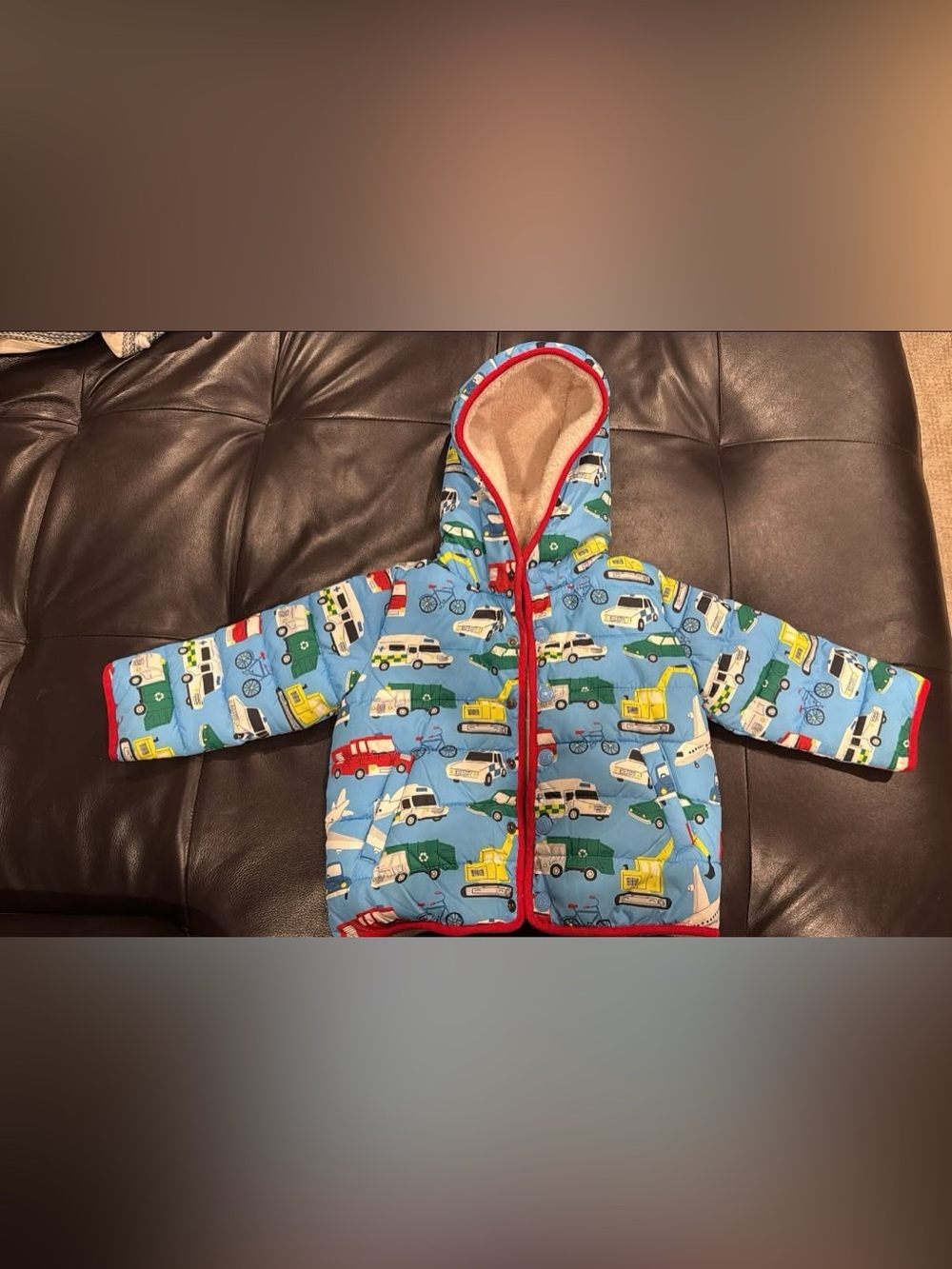 Mini Boden Kids Puffer Jacket with Vehicle Print and Red Trim, Shear Lining